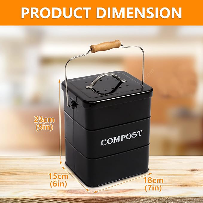Stainless Steel Compost Bin for Kitchen Countertop Compost Bin,1 Gallon, Kitchen Trash Can -Includes Charcoal Filter,Compost Bucket Kitchen Pail Compost with Lid-Black