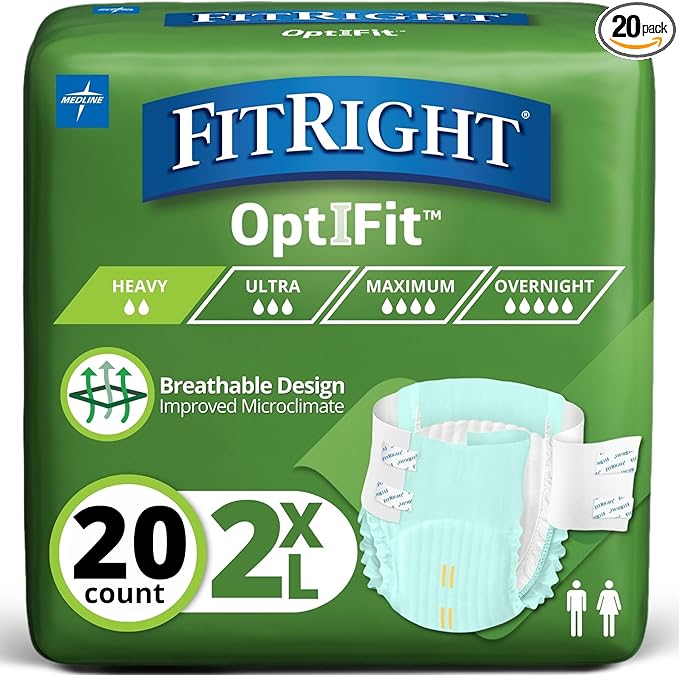 FitRight OptiFit Extra Adult Briefs, Incontinence Diapers with Tabs, Moderate Absorbency, 2XL, 60 to 70", 20 Count