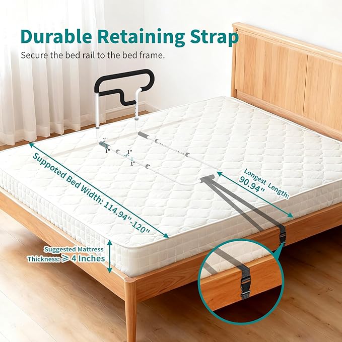 Bed Rails for Elderly Adults Safety, Adjustable Bed Assist Rail for Seniors, Bed Safety Rail with 2 Storage Bag and Fixing Strap, Fit King, Queen, Full, Twin, Supports 300 lbs