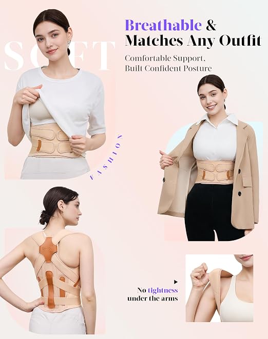 Kepwaa Posture Corrector for Women and Men, 5 Full Back Support Brace Rods, Adjustable Shoulder Straightener, Relief for Upper and Lower Back, Neck, Lumbar, Scoliosis, Hump, Beige, Small
