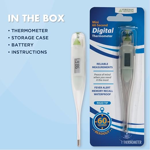 Digital Thermometer | 60-Second Readout | Fahrenheit Measurements | Rigid Tip | Fever Alert | One-Year Warranty | Waterproof Rigid Tip for Oral, Rectal & Underarm Use, Fever Alert at 100.0°F, Memory Recall, Storage Case