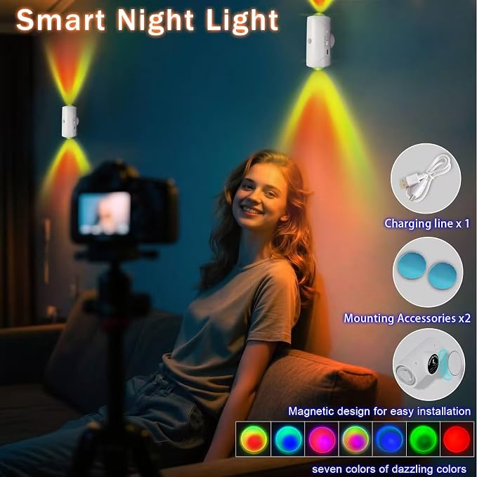 Rechargeable Motion Sensor Light Indoor, Magnetic RGB Wall Sconces 2 Pack | 7 Color Motion Sensor Night Light, 1500mAh Wireless Wall Sconces Battery Operated for Bedroom, Bathroom, Hallway, Stairs