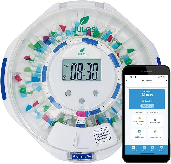 JULOS Bluetooth Automatic Pill Dispenser with App Alarm for Elderly | Tracks Adherence History, 28-Day Pill Organizer with Sound/Light Reminders & Safety Lock Key for Seniors, Caregivers Care