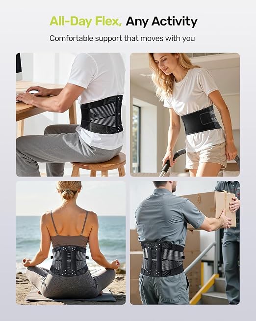 Rakiie Slim Back Brace for Lower Back Pain Relief, Lightweight & Breathable Back Support Brace for Men Women, Ergonomic Light Lumbar Support for Everyday Wear, Light Gray M