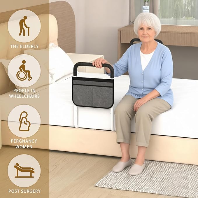 Double Bed Rails for Elderly Adults Safety, Bed Rails for Seniors, Dual Bed Handle Bedside Assist, Adjustable Bed Bar for Fall Prevention, Medical Bed Cane Fits Twin, Queen, Full, King Bed (2 Pack)