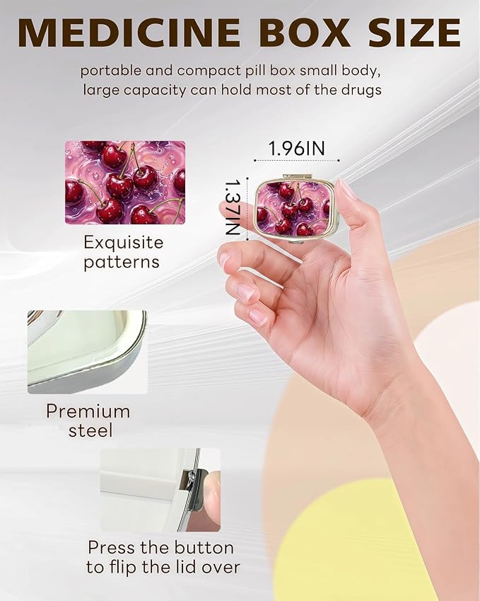 LRITER Pill Case, 2 Compartment Portable Small Travel Pill Organizer for Purse and Pocket, Stylish Medicine Case with Multiple Patterns, Daily Pillbox for Home & Travel (Cherry)