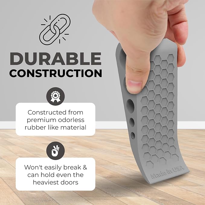 Door Stoppers for Bottom of Door Premium Floor Rubber Door Stop Wedge Made in USA Heavy Duty Honeycomb Design for Carpet, Tile, Ideal for Home, School, Commercial,Black 4 Pack