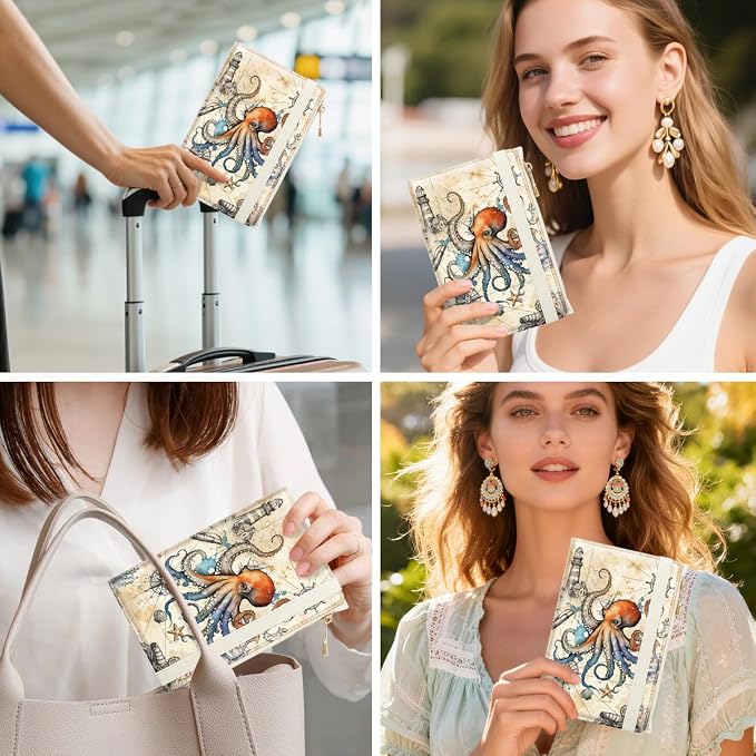 Passport Holder for Travel, RFID Blocking Passport Cover for Women Zipper | Travel Wallets, Passport Book Holder, Credit Card Holder, ID Window,SIM Card Slots, Coin & Tickets Pocket, Octopus