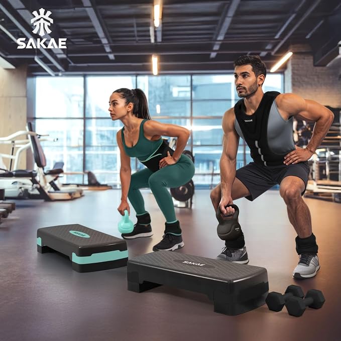 Adjustable Height Aerobic Stepper Set, Multiple Bundle Options with Dumbbells, Kettlebell, Waist Trimmer, Ankle Weights or Weighted Vest, Workout Exercise Step Platform w/Level Risers, 4 Colors