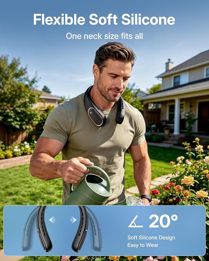 SHEWIND Portable Neck Fan - 5000mAh Rechargeable Hands-Free Wearable Fan | 4 Speeds, Bladeless & LED Display | Personal Cooling Fan for Travel, Outdoors, Camping - Black
