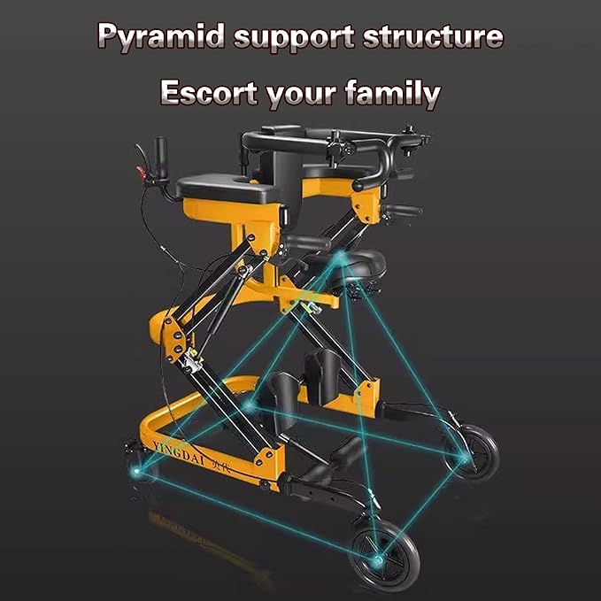 Adjustable Medical Walker with Stand-Up Support, Walking Frame, Adult Walker, Lower Limb Training, Home Rehabilitation Equipment, Multi-Function Mobility Aid with 4 Wheels (Yellow)