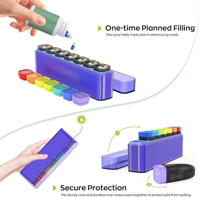 HIONXMGA Weekly Pill Organizer, Detachable 7-Color Pill Box, Easy Open | Portable Travel Pill Case Container for Daily Medication Easy Track, Privacy Protection, Built-in Quick Fill Design, Purple