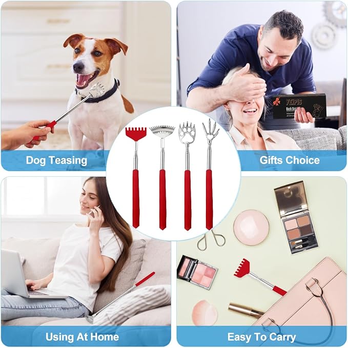 4 Pcs Different Back Scratcher Extendable Back Massager Tool with 吃, Metal Portable Telescoping Back Scratcher with Beautiful Box, Gifts for Men Women Stocking Stuffers (Red)