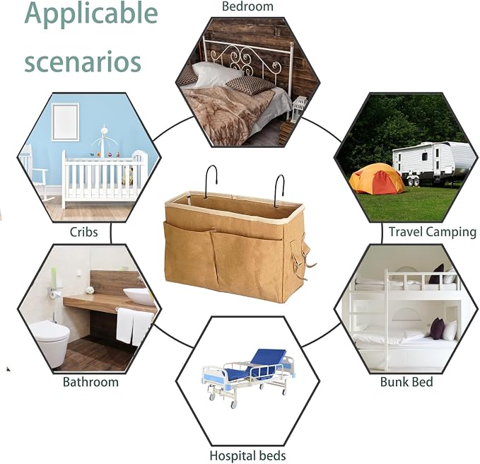 Bedside Caddy Bedside Hanging Storage Basket Multi-Function Organizer Caddy for Bunk and Hospital Beds Dorm Rooms Bed Rails, Can be Placed Glasses Books Mobile Phones(Dark khaki)