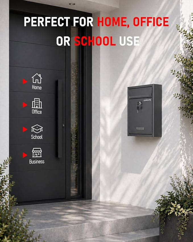 Uniclife Wall Mount Mailbox for Outside, Locking Mail Box, Black | Large Mailbox with Key Lock, Security Mail Box for House, Safe Key Drop Box, Steel Cash Drop Box for Home Office School