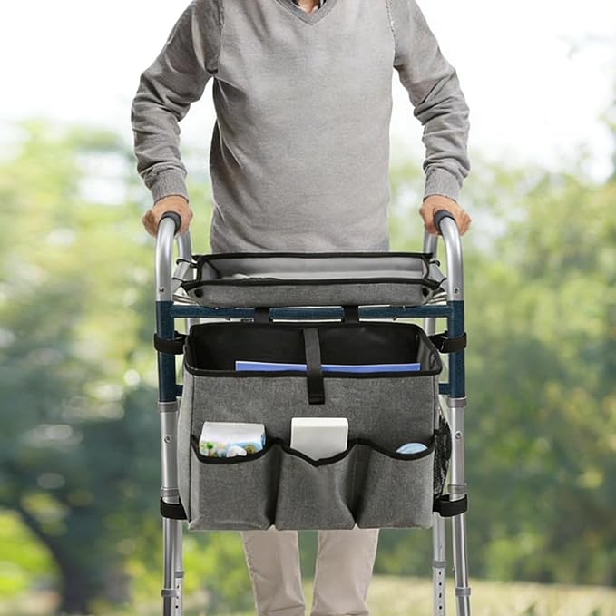 Walker Basket with Tray, Walker Tray for Folding Walker, Walker Accessories for Seniors, Non-Slip Surface, Universal Fit for Standard Walkers, Ideal for Meals, Drinks & Reading(Grey)