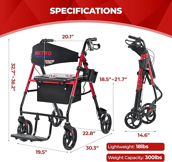 Metro Mobility 2 in 1 Rollator Walker & Transport Wheelchair, Foldable Lightweight Rollator Walker with Seat, 8" Big Wheels for All Terrain, 300 lb. Weight Capacity, Red
