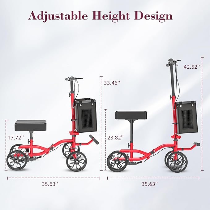 Lightweight Knee Scooter Crutch Alternative, Foldable & Adjustable Knee Scooter for Adults for Foot Surgery, Steerable Knee Walker with Detachable Storage Basket, Includes DIY Stickers-Hot Red
