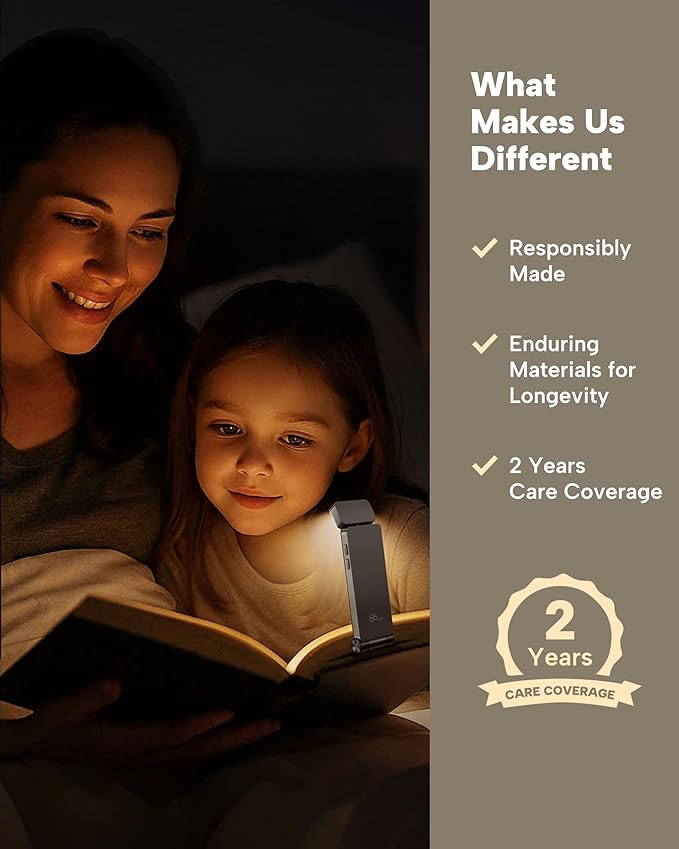 86lux Book Light, Rechargeable Clip-On LED Reading Light for Bed & Night Use - 3 Color Temperatures with Stepless Dimming, Ultralight Bookmark Design for Kids, Book Lovers, Grey