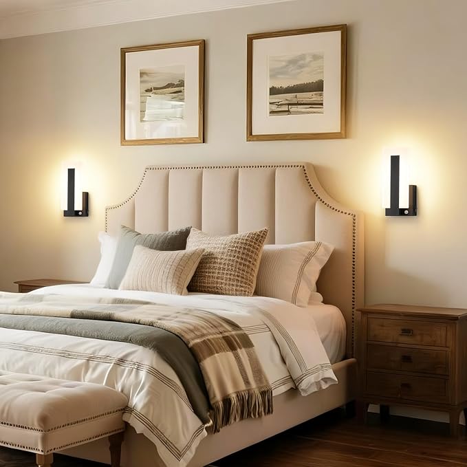 Joosenhouse Wall Sconces Set of Two Hardwired, Black Motion Sensor Wall Light Indoor, Modern Metal and Acrylic LED Wall Lamp 3000K Warm White for Hallway Bedroom Staircase