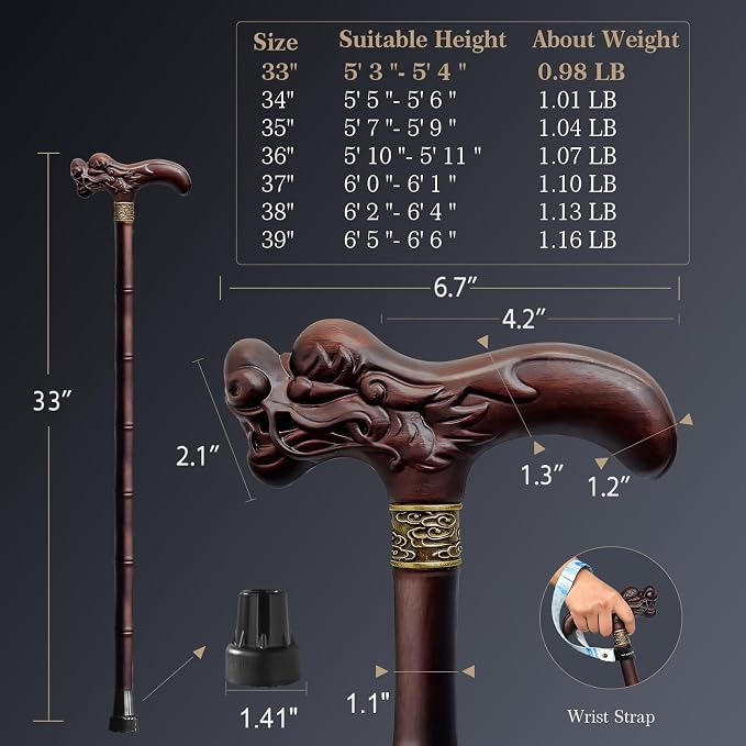 Wooden Walking Cane, 3D Dragon Engraved Cane Support up to 400 lb, Canes for Seniors Men Women of Different Heights
