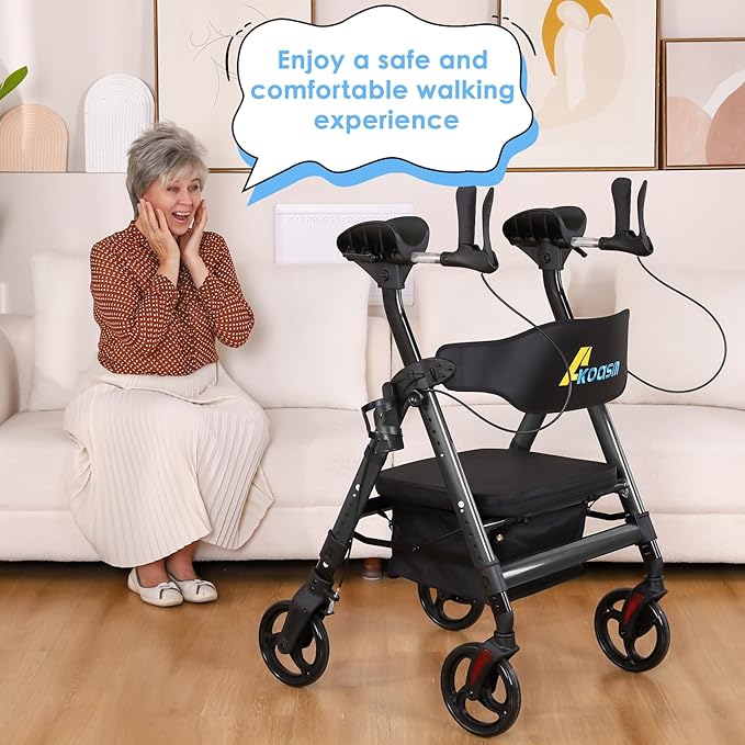 Heavy Duty Upright Walker, Rollator Walkers for Seniors, Foldable Stand Up Rolling Walker with Seat, Adjustable Padded Seat and Handle, Aluminum, All-Terrain Wheels, 450 Lb. Weight Capacity, Grey