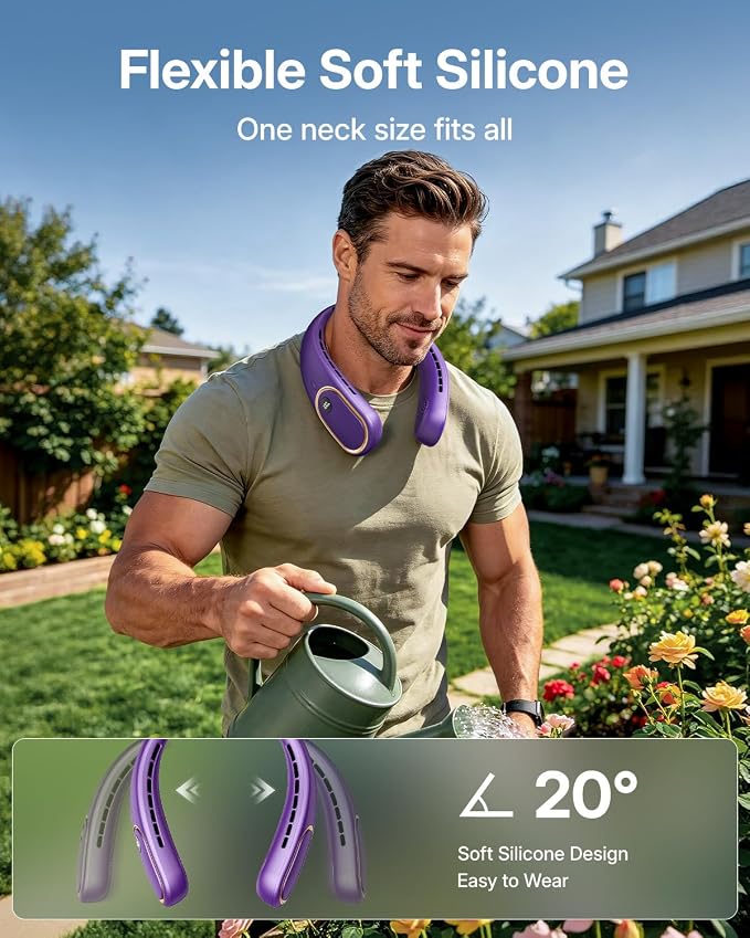 SHEWIND Portable Neck Fan - 5000mAh Rechargeable Hands-Free Wearable Fan | 4 Speeds, Bladeless & LED Display | Personal Cooling Fan for Travel, Outdoors, Camping - Purple