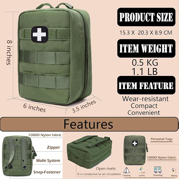 First Aid Kit EMT Medical IFAK Pouch Molle Tactical Med Emergency Bag Green | Molle Tactical Trauma Utility Emergency Kits for Camping Home Car Hiking Hunting