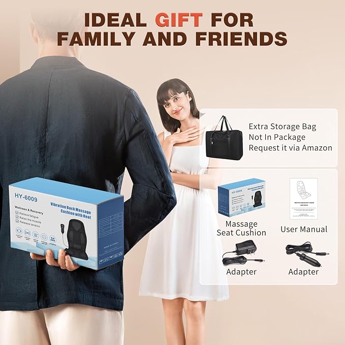 SLOTHMORE Vibration Back Massager for Chair with Heat, Chair Massager Pad with 8 Vibration, Seat Cushion for Seniors, Office Workers & Family, Fatigue & Pain Relief in Office, Home & Travel