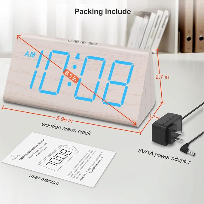 DreamSky Wooden Digital Alarm Clock for Bedrooms with Large Numbers | Electric Desk Clock, USB Port, Loud Alarm for Heavy Sleepers, Adjustable Volume, Dimmer, DST, Wood Décor Gifts, Plug in Clock