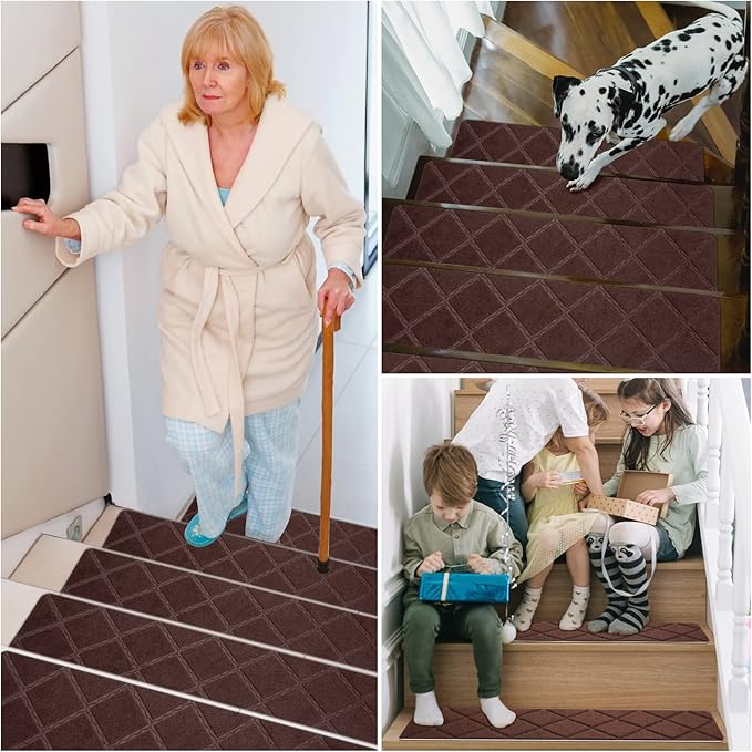 Stair Treads for Wooden Steps 15pcs 8x30in Non-Slip Stairs Carpet Runner | Indoor Stair Mats for Kids Elders and Pets