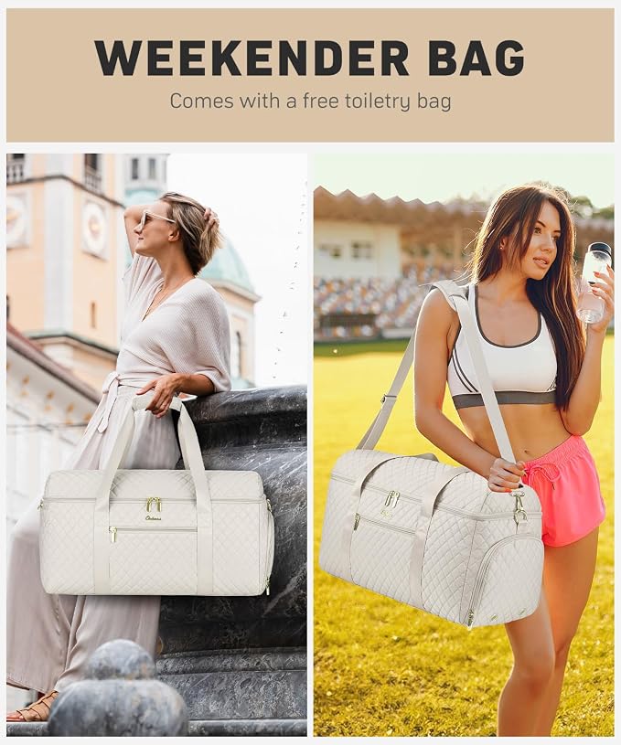 Weekender Bags for Women, Wide Open Large Travel Duffle Bag with Shoe Compartment, Overnight Hospital Bag For Women Labor Delivery, Carry on Bag Personal Item Travel Bag with Wet Pocket (Beige)