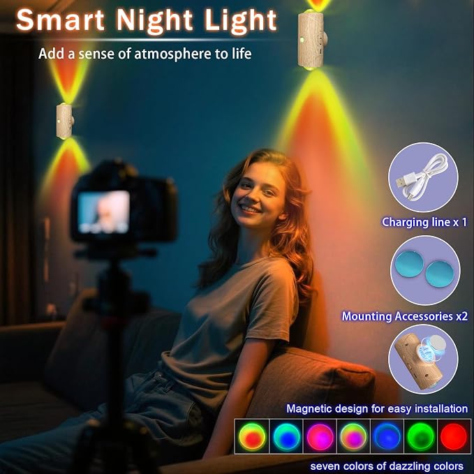 Magnetic Wall Sconces Battery Operated, Rechargeable Motion Sensor Light | 7 Color RGB Motion Sensor Night Light Indoor, 1500mAh Wireless Wall Light for Bedroom, Bathroom, Hallway, Stairs, Living Room