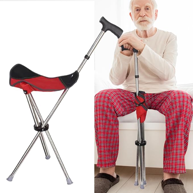 Cane with Chair - 50cm Oxford Cloth Walking Stick, Anti Slip Mobility Aid Stool, Fold Seat for Elderly Adults, Steel Frame Oxford Cloth Support | Portable Travel Hiking Camping Outdoor Convenient