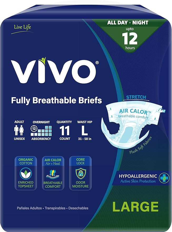 VIVO Organic Cotton Overnight Sensitive Skin Adult Incontinence Diaper Briefs with Tabs, Large 11 Count