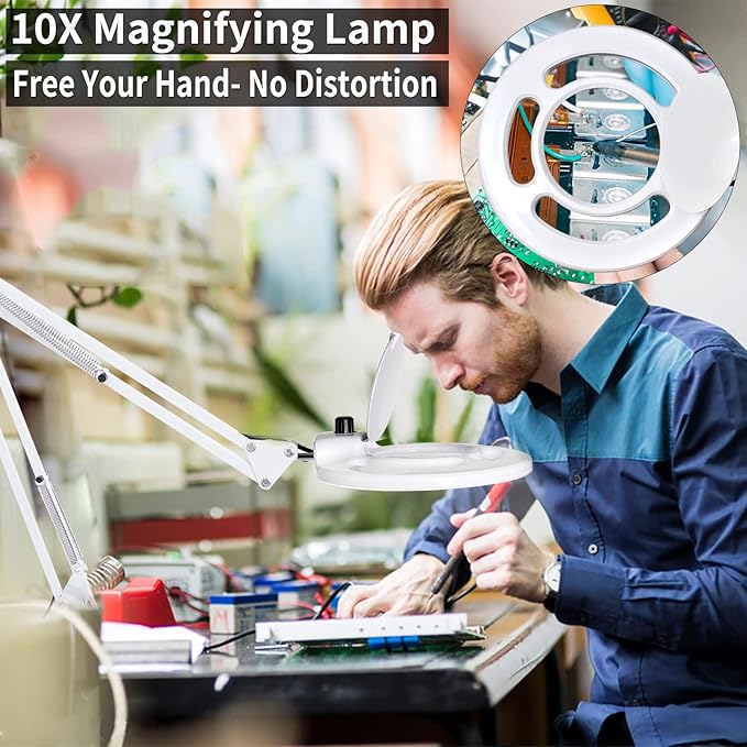 10X Magnifying Glass with Light, KIRKAS 2,200 Lumens LED Magnifying Lamp with Clamp, Stepless Dimmable Real Glass Lens Magnifier, Adjustable Arm Workbench Light for Close Work Hobby Repair - White