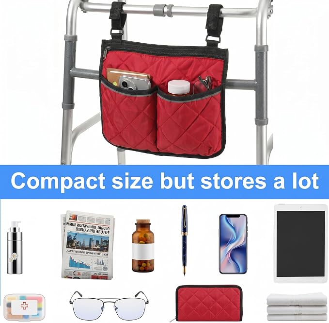 Walker Bag for Folding Walker Walker Basket with Reflective Safety Strips Foldable Wheelchair Storage Bag with 2 Adjustable Straps for Night Visibility Seniors Elderly (Claret)