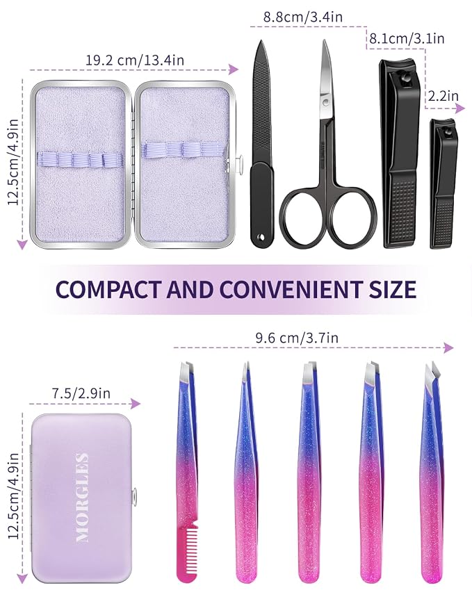MORGLES Tweezers Set 9 Pcs Nail Clipper Kit with Case for Eyebrows Grooming | 5 Tweezers, Clippers, Scissors, Rust-Proof Steel, Travel Press-On Case, Gift for Him/Her, for Splinters, Brows, Facial Hair