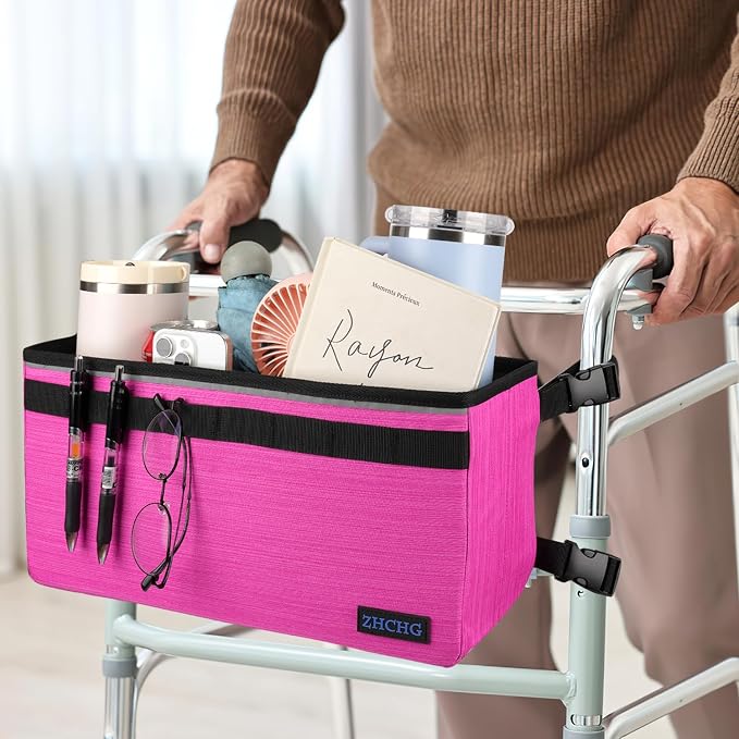 ZHCHG Walker Basket for Seniors, Walker Accessories Bag for Folding Walker | Large Capacity & Never Tipping Over, Best Gift- (Not Fit Rollator Walkers) -Pink