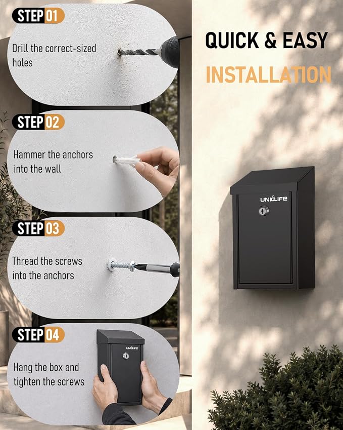 Uniclife Black Metal Donation Box, Wall Mounted Mailbox for Outside | Safe Suggestion Box with Key Lock, Steel Key Drop Box with Top Slot, Cash Box for Home Office and Business