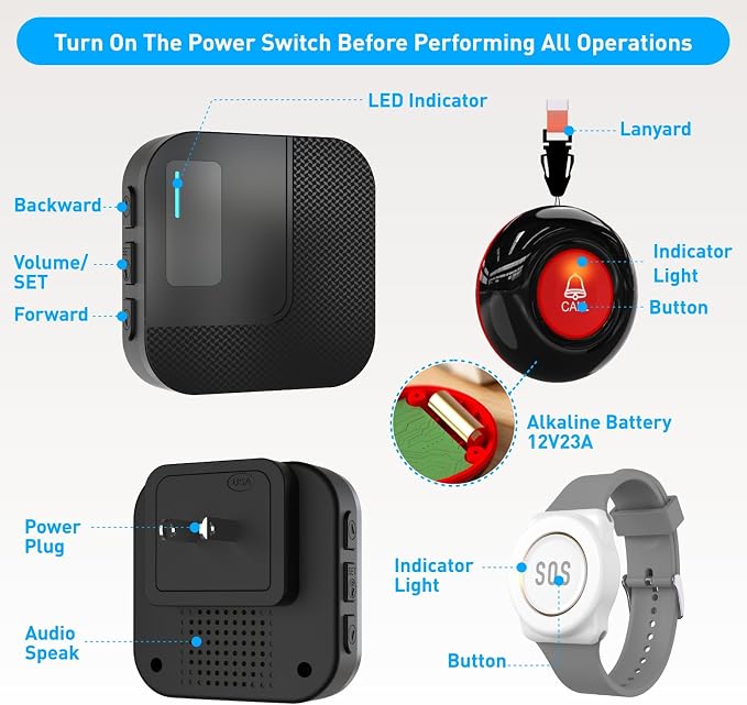 SanJie WiFi Caregiver Pager with Remote App Alerts & Family Sharing, IP55 Water-Resistant Call Button for Elderly at Home, Recovery Care & Night Care, 110dB Loud Alarm & 20 Chimes (Only 2.4GHz Wi-Fi)