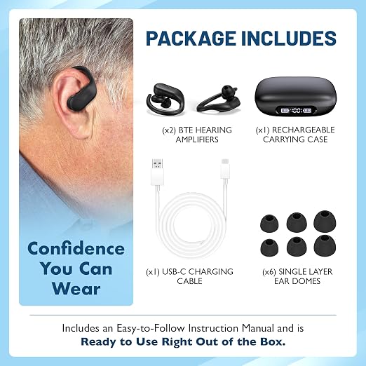 Rechargeable Bluetooth Hearing Aids for Seniors - Easy-to-Use Behind the Ear Sound Amplifier with Automatic Noise Cancelling - BTE Hearing Loss Aids for Adults Men & Women w/LED Charging Case