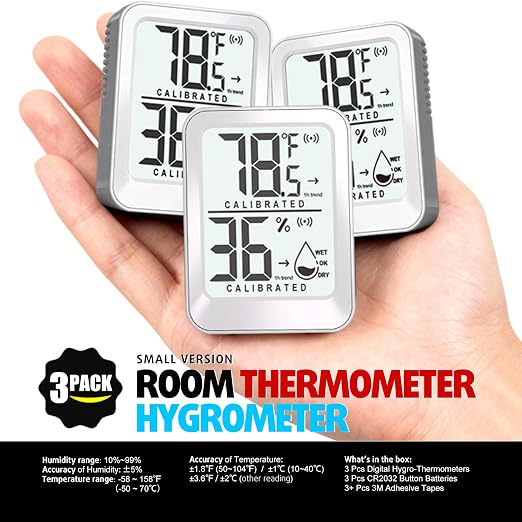 AyayaBoss 3 Pack Room Thermometer Indoor Hygrometer | Mini Size, Monitor Temperature & Humidity, Accurate Fast Read, Easy To View, Kickstand/Hanging/Wall Adhesive, ℉/℃, w/ Battery