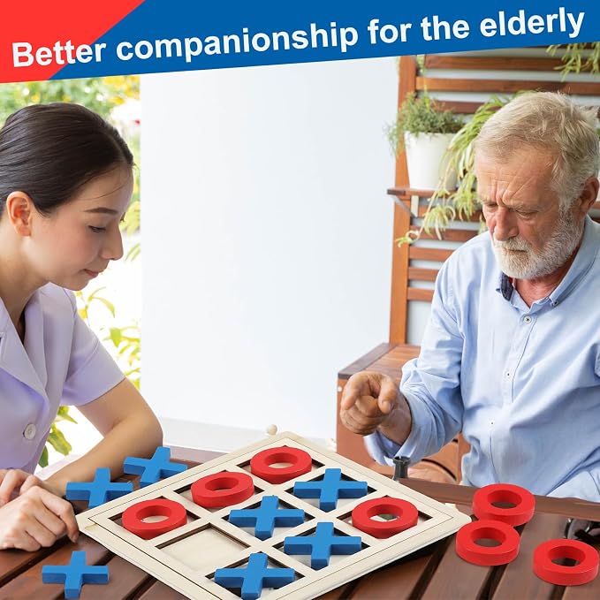 Seenelling Jumbo Wooden Tic Tac Toe Game Dementia Activities for Alzheimers Seniors with Matching and Puzzle Templates XO Chess Board Game for Elderly Engaging Table Decor(Blue, Red)
