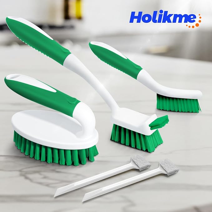 Holikme 5 Pack Cleaning Brush Scrub Brush Kitchen Brush for Floor,Green | Cleaning Brush Set for Household Use, Scrub Brush, Kitchen Brush, Tile Lines Brush for Bathroom, Floor, Tub, Shower