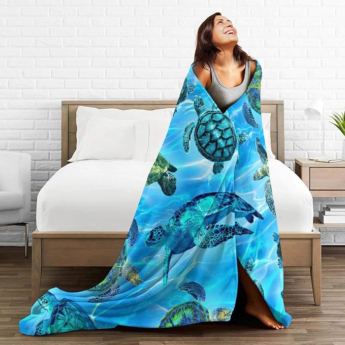 Sea Turtle Flannel Blanket Soft Cozy Nautical Ocean Turtle Fleece Plush Stuff Decor Throw Blanket Warm Sea Turtle Blanket Gifts for Girls Boys Lovers Women Adults Men Kids Bed Travel 60"x80"