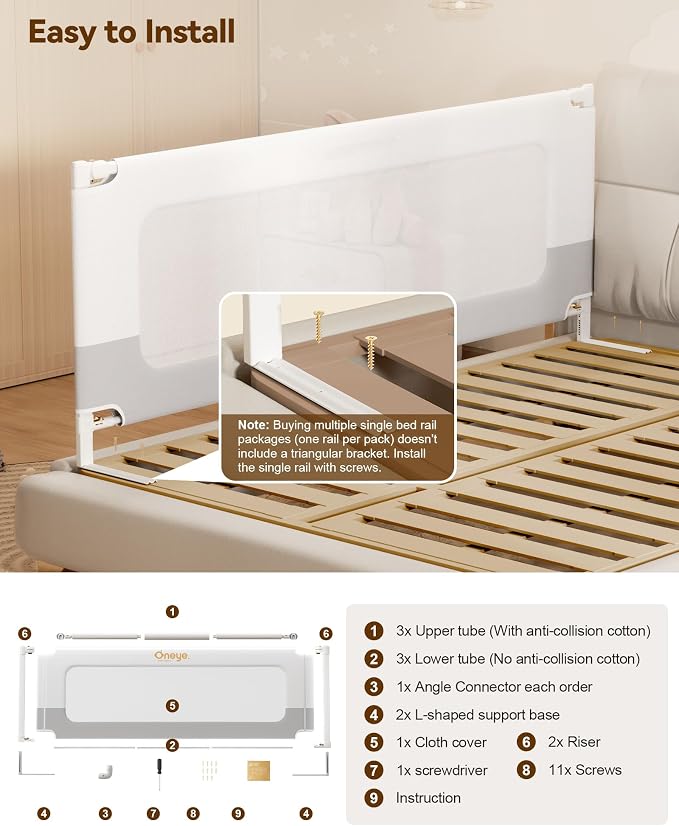60” Baby Bed Rail Guard for Toddlers,Extral Tall Toddler Bed Rails 1-Side | Thickened Carbon Steel Frame, Child Safety Side Railing Guards for Queen Bed,Dual Childproof Locks, No Gap Fit, White/Grey