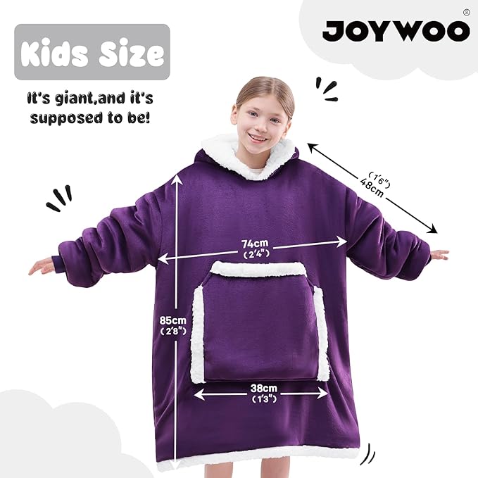 JOYWOO Purple Kids Wearable Blanket Hoodie, Oversized Cat lovers Hoodie Blanket for kids & Teens,Birthday Gifts for Girl Boys,Cozy Fuzzy Sherpa Fleece Blanket Giant Pocket Winter Gifts,Dark Purple