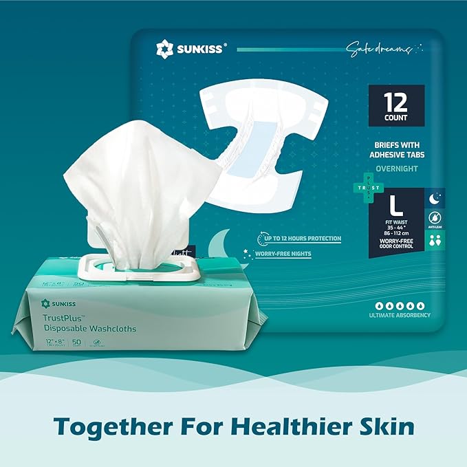 SUNKISS TrustPlus Overnight Adult Diapers with Tabs, Unisex Disposable Incontinence Briefs for Men and Women, Odor Control, Large, 12 Count