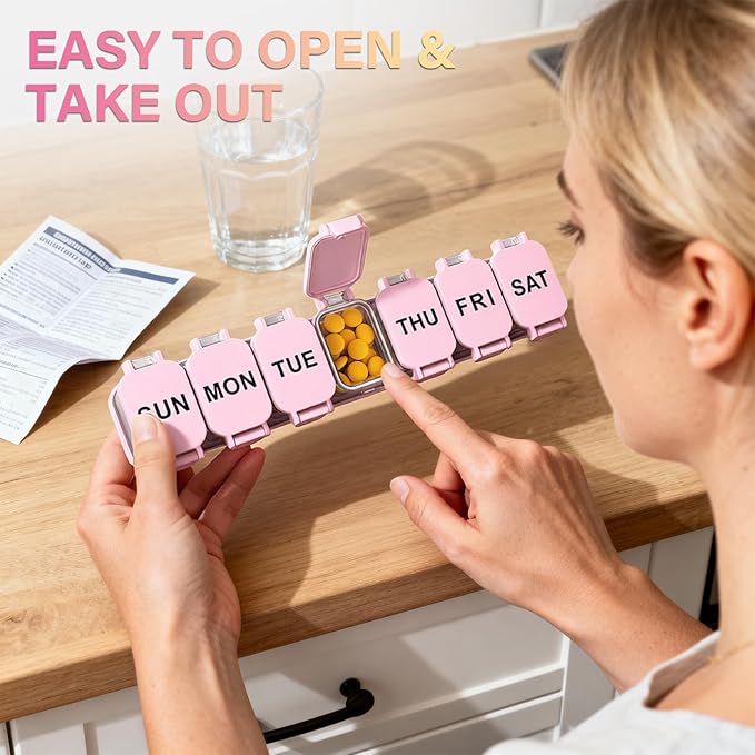 2-Pack Extra Large Weekly Pill Organizer, Travel Pill Box 7 Days, XL Vitamin Holder with 7 Detachable Compartments, Protable Medicine Organizer for Home and Travel